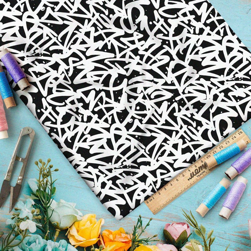 Ткань премиум интерлок черно-белые граффити