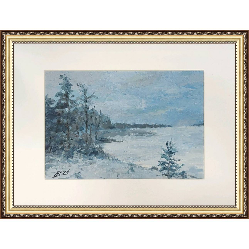 Картина авторская маслом на холсте в паспарту 30х40 см на стену для интерьера "Морозный день"