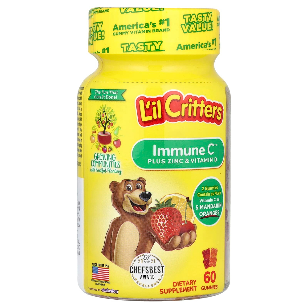 L'il Critters, Immune C, витамин С с цинком и витамином D, 60 жевательных таблеток