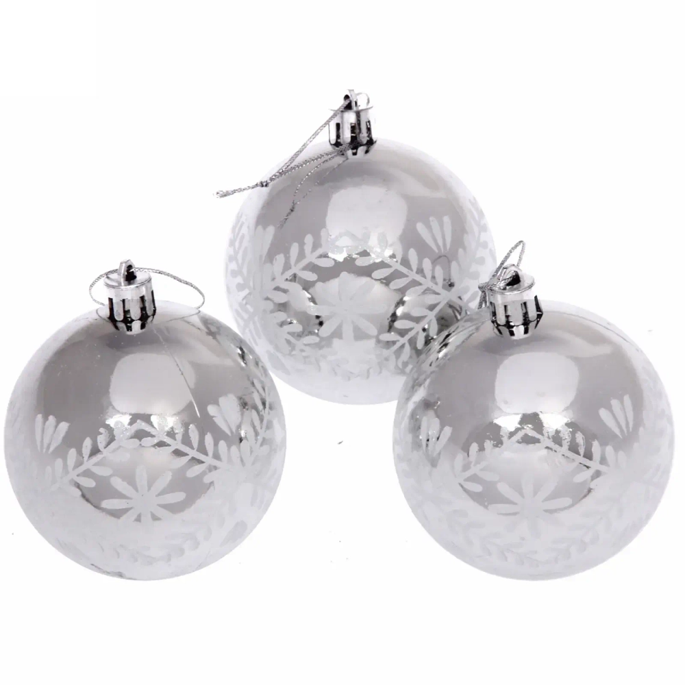 Новогодние шары 7см (набор 3шт) «Хвойные веточки», серебро
