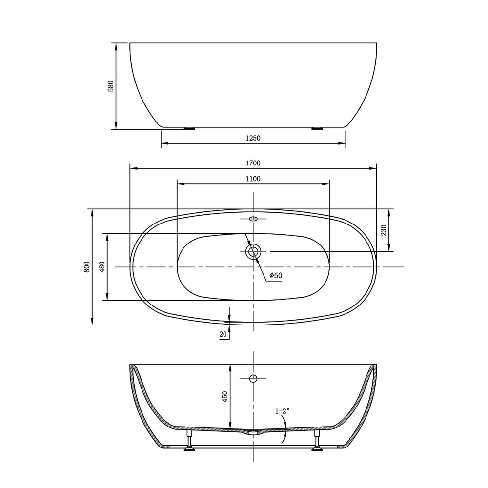 Ванна акриловая Vincea VBT-405-1700, 1700*800*580, цвет белый, щелевой перелив, слив хром