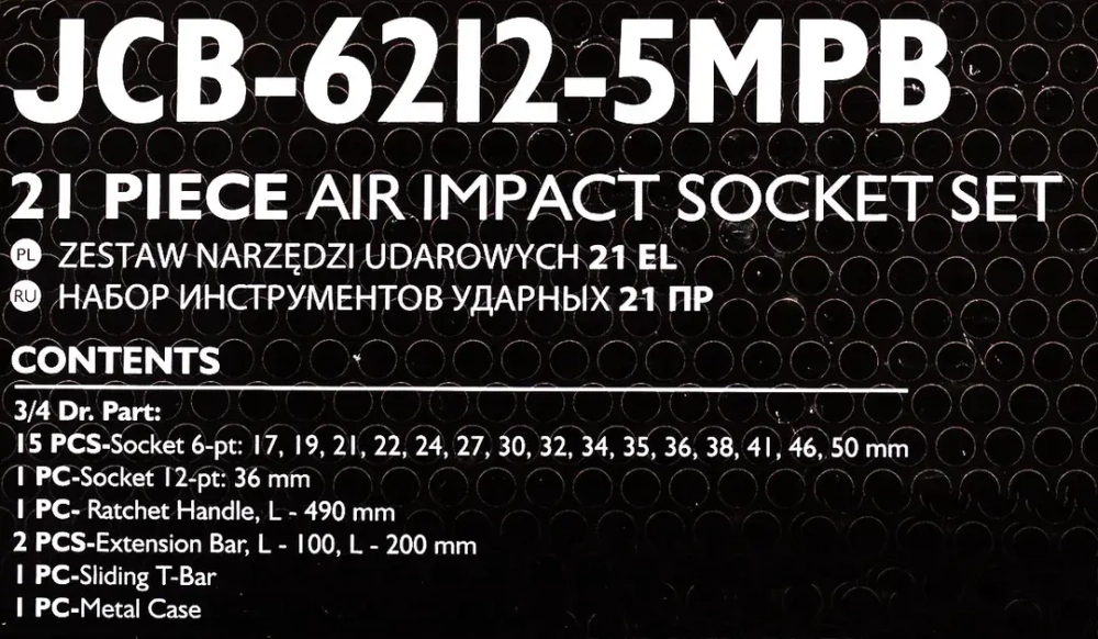 Набор инструментов ударных 3/4''21пр. (6гр.)(17,19,21,22,24,27,30,32,34,35,36,36-12гр,38,41,46,50мм), в металл.кейсе JCB JCB-6212-5MPB