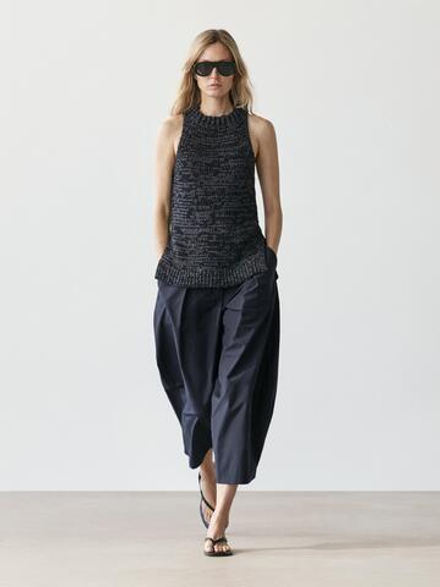 Massimo Dutti Широкие брюки из смесовой хлопковой ткани, глубокий синий