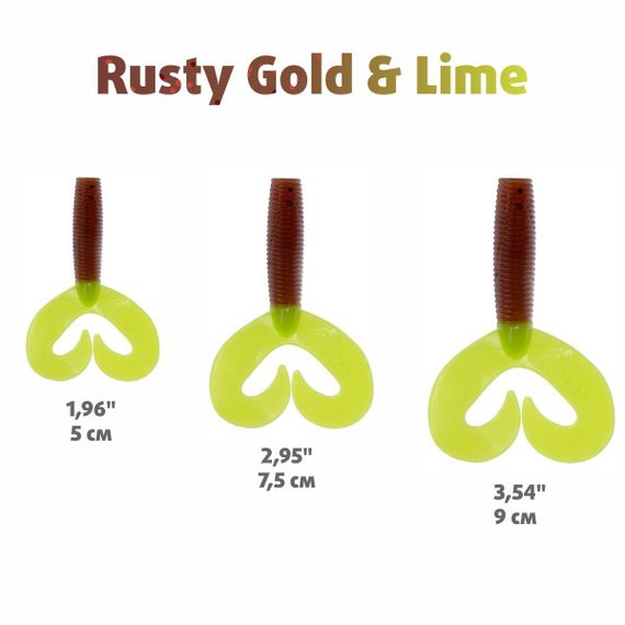 Твистер Helios Credo Double Tail 2,95"/7,5 см Rusty Gold & Lime 7шт. (HS-12-017)