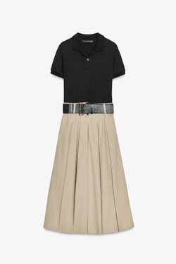 ZARA КОМБИНИРОВАННОЕ ПЛАТЬЕ С ПОЯСОМ, ПЕСОЧНЫЙ/ЧЕРНЫЙ