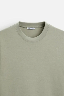 ZARA ФУТБОЛКА REGULAR FIT INTERLOCK, МЯГКИЙ ЗЕЛЕНЫЙ