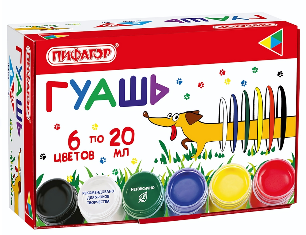 Гуашь 6цв. по 20мл. "Веселая такса" (Пифагор)