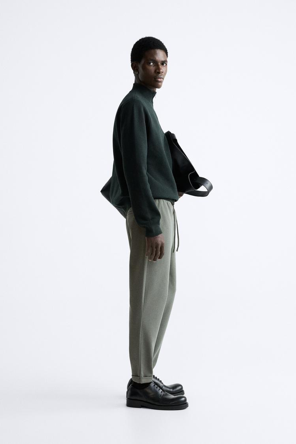 ZARA БРЮКИ EASY CARE С ПОЯСОМ НА ШНУРКЕ, ЗЕЛЕНЫЙ