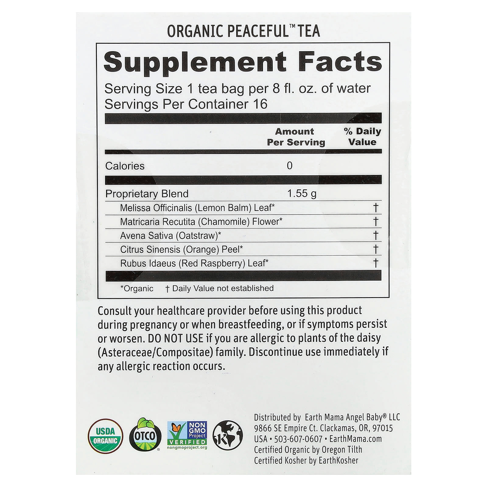Earth Mama, Organics, Organic Peaceful™ Tea, расслабляющий чай с цитрусовыми и ромашкой, без кофеина, 16 чайных пакетиков, 24,8 г (0,87 унции)