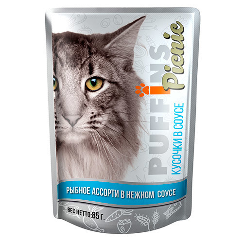 Puffins Picnic Влажный корм для кошек, рыбное ассорти в соусе, 85 г