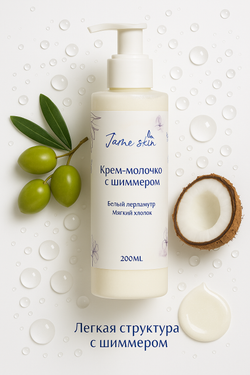 JaMe Skin Крем-молочко для тела с шиммером, 200 мл — Белый перламутр и Мягкий хлопок, увлажнение и сияние кожи