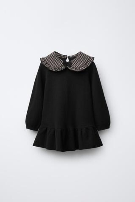 ZARA ВЯЗАНОЕ ПЛАТЬЕ С ВОРОТНИКОМ В КЛЕТКУ ВИШИ, ЧЕРНЫЙ