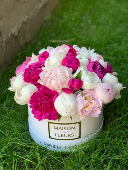 Композиция пионов "Fabulous fragrance" в белой подарочной коробке "Maison des fleurs"