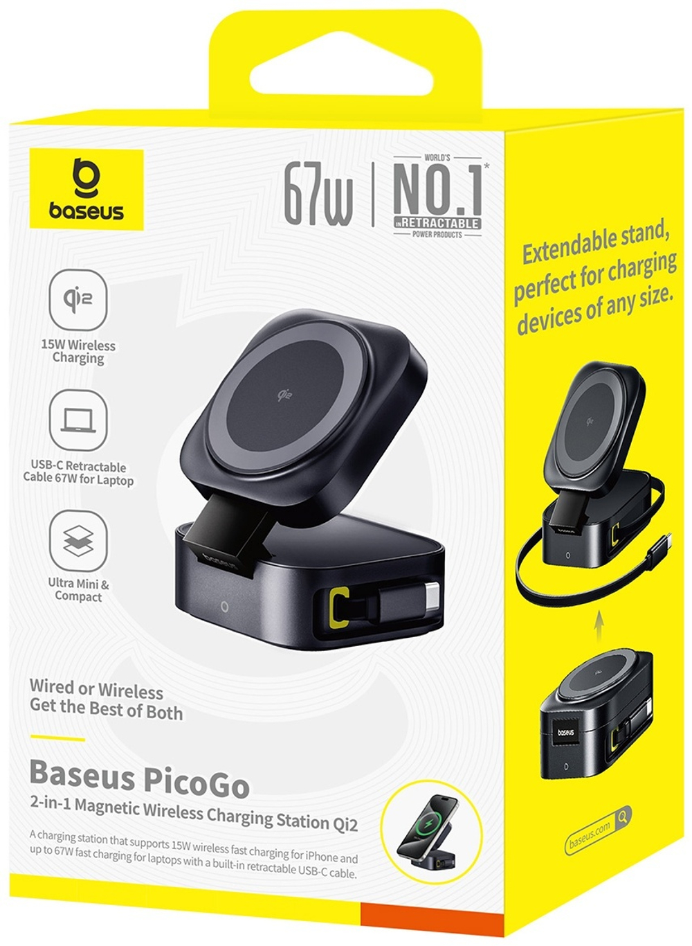 Зарядное устройство Baseus PicoGo 2-in-1 Qi2 15W + USB-C 67W USB Type-C черный