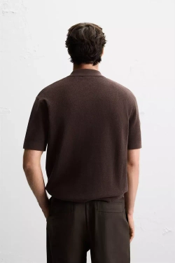 ZARA ПОЛО ПЛАТОЧНОЙ ВЯЗКИ С МОЛНИЕЙ, ШОКОЛАДНЫЙ