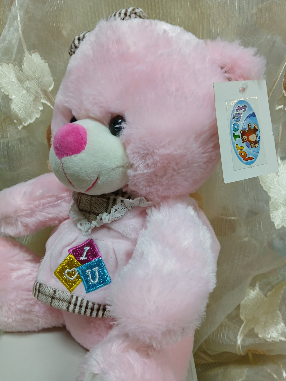 Медведь розовый в платье с бантом, 34 см