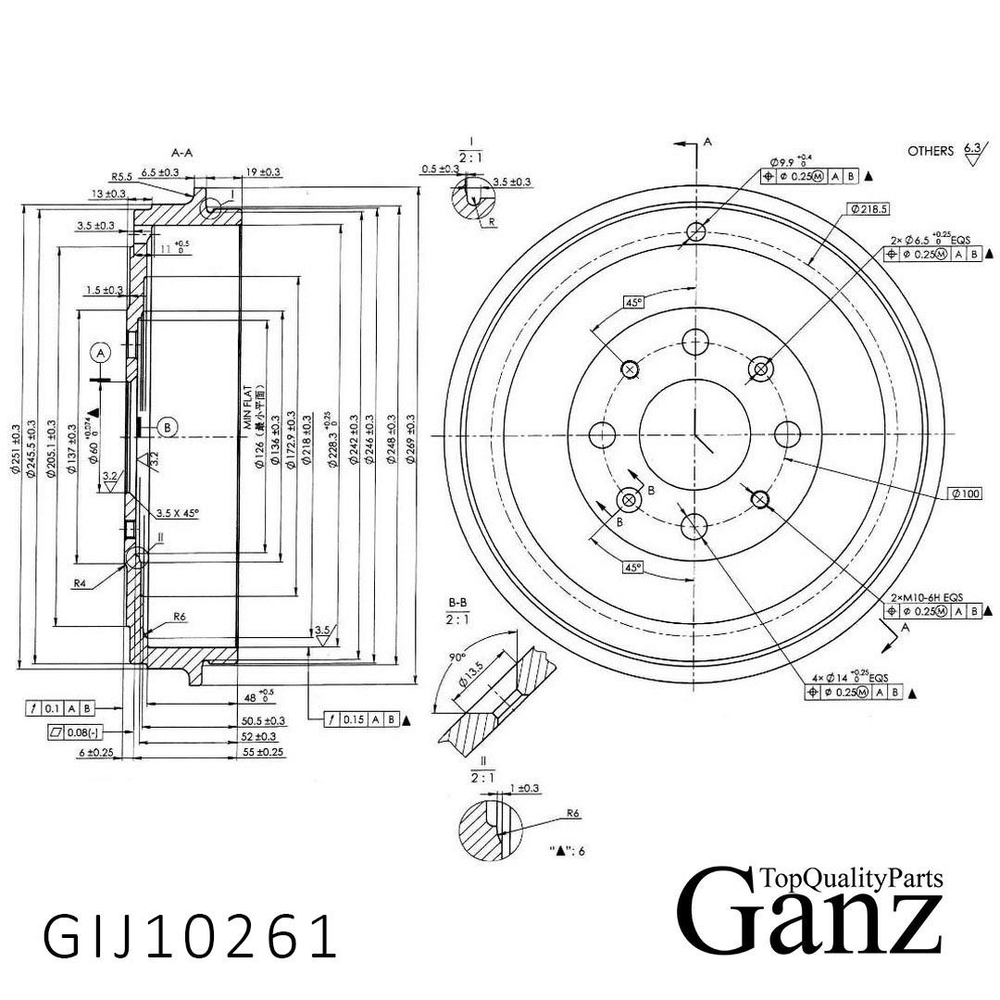 Барабан тормозной FIAT Punto 2012/OPEL Corsa D 2006 /D 251mm GANZ GIJ10261