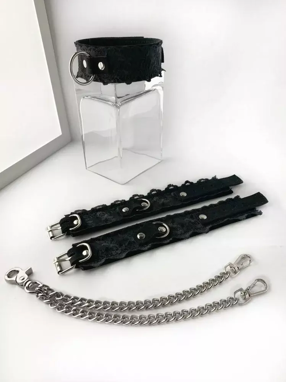 Комплект наручники и ошейник Indigo замша с кружевом, чёрный (арт-304)