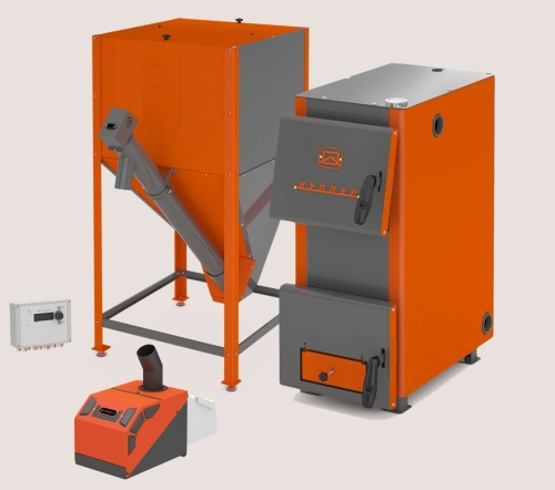 Отопительный котел Куппер ОК-9 (2.0) + Горелка пеллетная факельная 26 Норма (3.0) + Бункер напольный для пеллет (2.0)