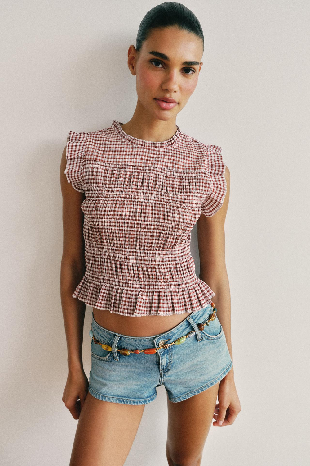 ZARA ТОП В КЛЕТКУ ВИШИ С ЭФФЕКТОМ ЖАТКИ, ЭКРЮ/ГРАНАТОВЫЙ