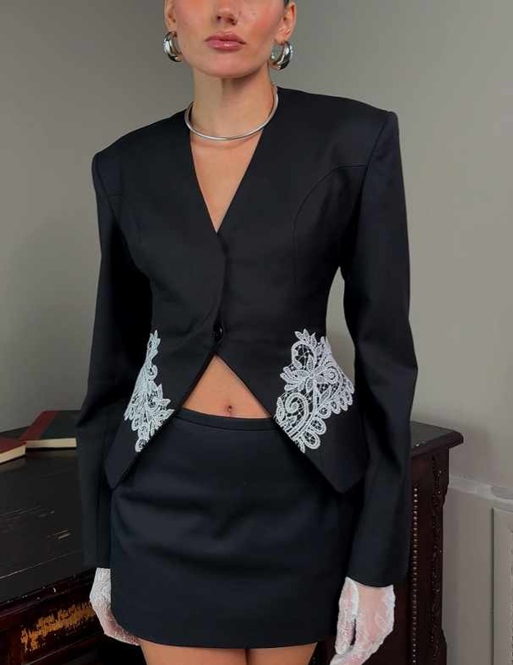 Жакет с кружевом, Черный