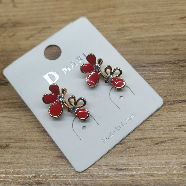 Серьги-гвоздики Полуцветок лепестки 2 половинки стразы эмаль красная металл золотистый