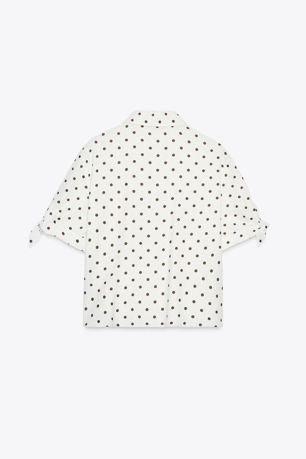 ZARA РУБАШКА ИЗ РАМИ С КОРОТКИМИ РУКАВАМИ И ЗАВЯЗКАМИ, ЭКРЮ/КОРИЧНЕВЫЙ