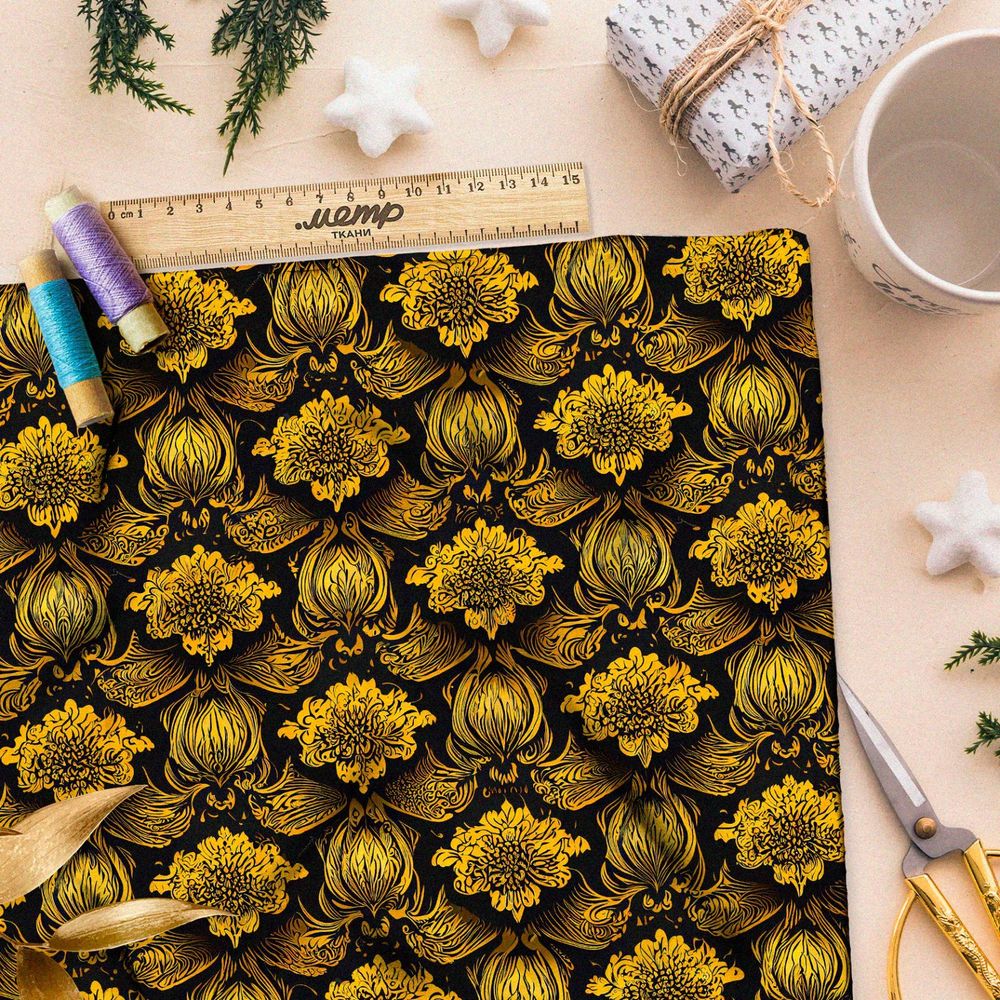 Ткань дюспо золотые вензеля орнамент