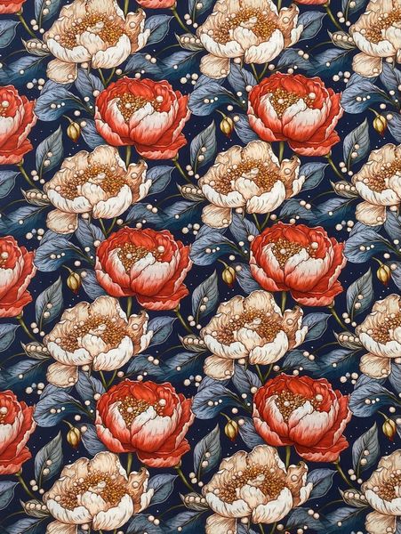 КРАСНЫЕ РОЗЫ  И ЖЕМЧУГ  НА ГЛУБОКОМ СИНЕМ ФОНЕ 100% хлопок, Handmade Fabrics 4