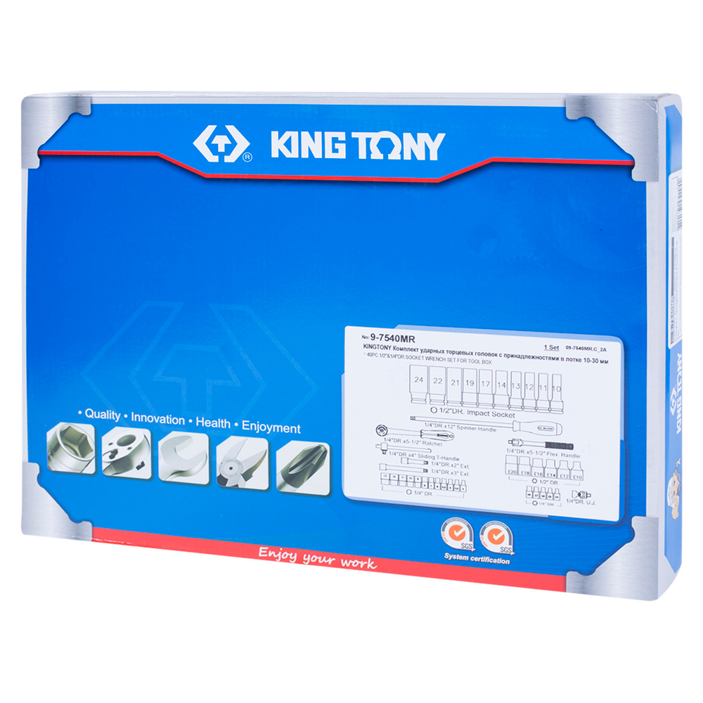KING TONY (9-7540MR) Набор ударных головок 1/2" и торцевых головок 1/4" с принадлежностями, ложемент, 40 предметов
