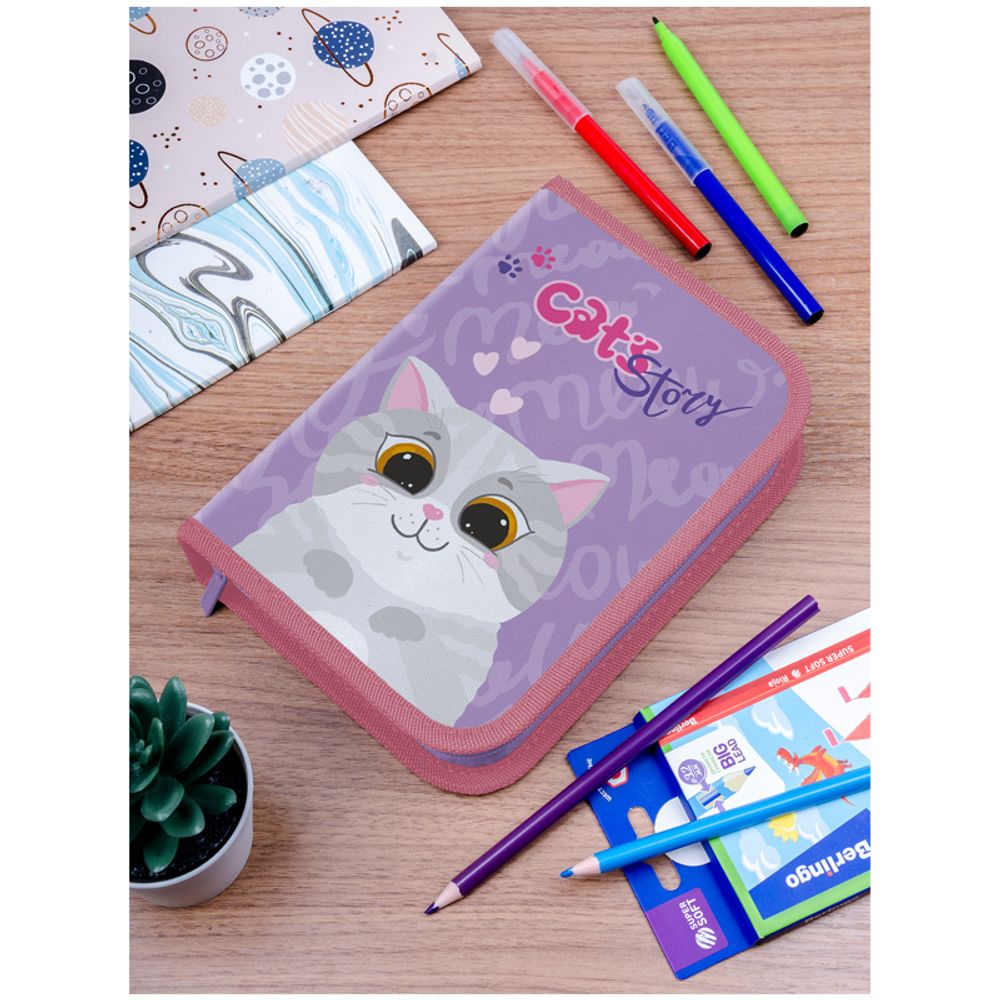 Пенал 1 отделение, 200*140*40 Berlingo "Cute cat", 2 откидные секции, полиэстер