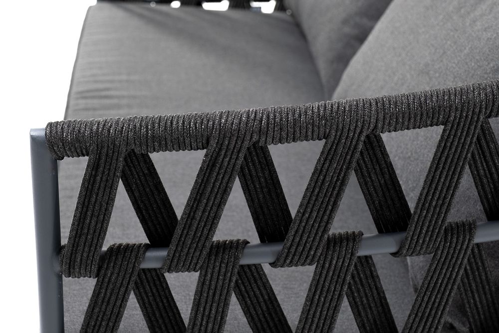 "Диего" диван 2-местный плетеный из роупа, каркас алюминий темно-серый (RAL7024) муар, роуп темно-серый круглый, ткань темно-серая 027