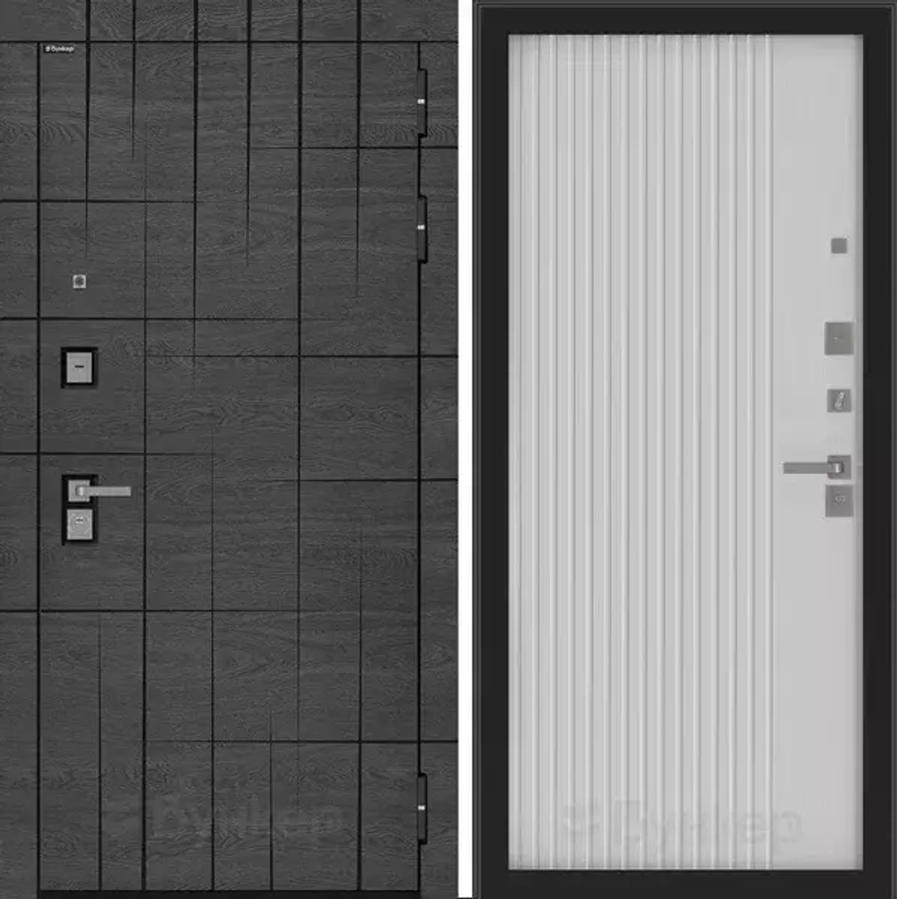 Входная металлическая дверь  Бункер BN-09  Дуб майдера горизонт с черной патиной/  Хомс белый софт рельеф