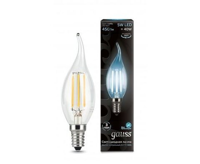Лампа Gauss Filament Свеча на ветру E14 5W(450lm) 4100K 4K 122x35 филамент (нитевидная), прозрачная 104801205 - 10 штук