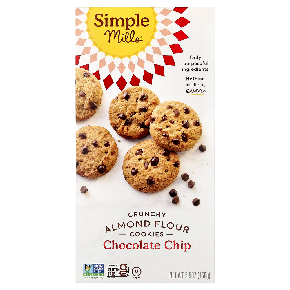 Simple Mills, хрустящее печенье с миндальной мукой и шоколадной крошкой, 156 г (5,5 унции)
