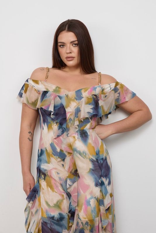 Платье-комбинация с воланами из шифона, абстрактный принт
