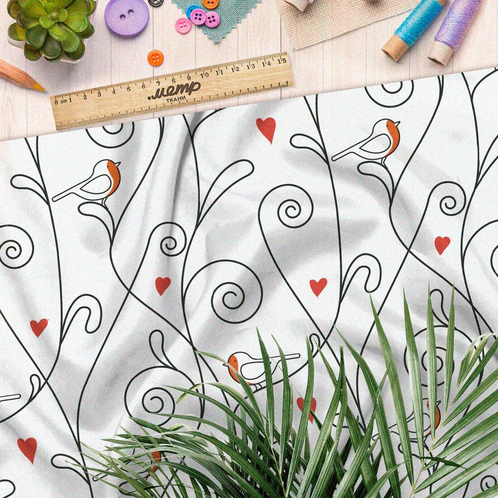 Ткань поплин снегири и завитки на белом фоне