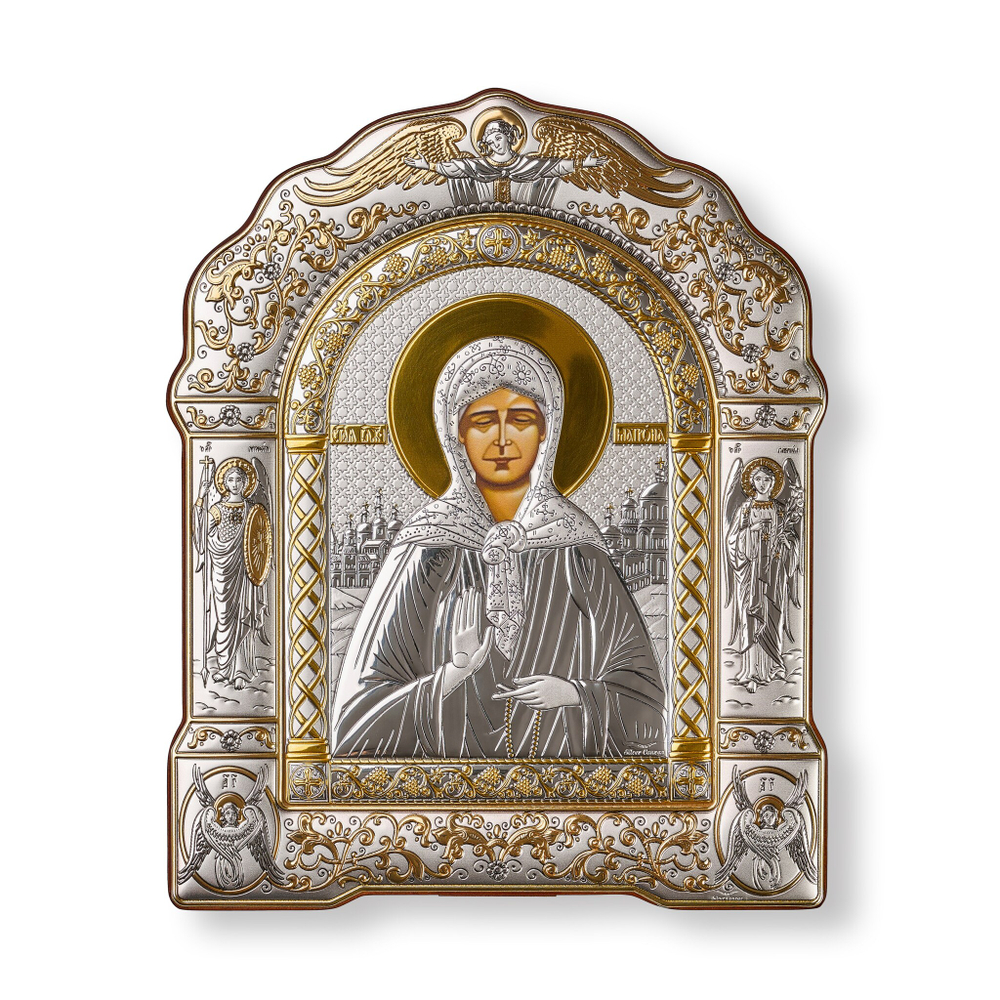 Матрона, икона арочная с рамкой, белое дерево 206х270