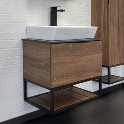 Тумба-умывальник "Порто-60" дуб тёмно-коричневый с черной столешницей №8 c раковиной COMFORTY 9055RA-50