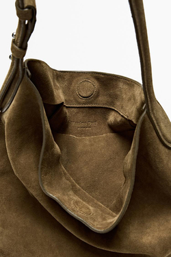 Massimo Dutti Сумка-ведро из состаренной замши, зеленый хаки