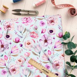 Ткань штапель летние букеты с листьями и бутонами