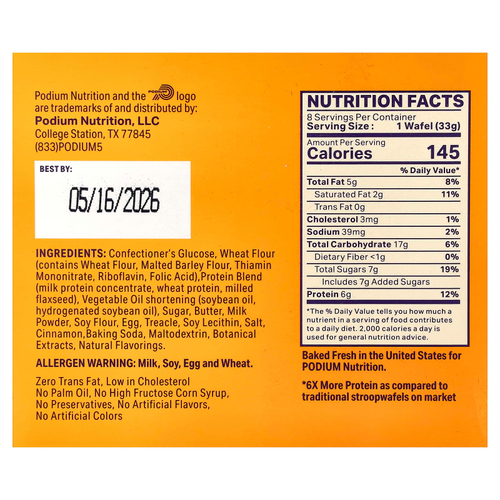 Podium Nutrition, протеиновая штучная вафля, оригинальная, 8 вафель по 33 г (1,16 унции)