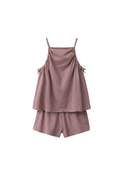 ZARA КОМПЛЕКТ ИЗ ТОПА И ШОРТОВ С ХЛОПКОМ И ЛЬНОМ, СЕРОВАТО-КОРИЧНЕВЫЙ