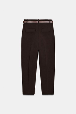 ZARA БРЮКИ С ЗАЩИПАМИ И РЕМНЕМ, ТЕМНО-КОРИЧНЕВЫЙ