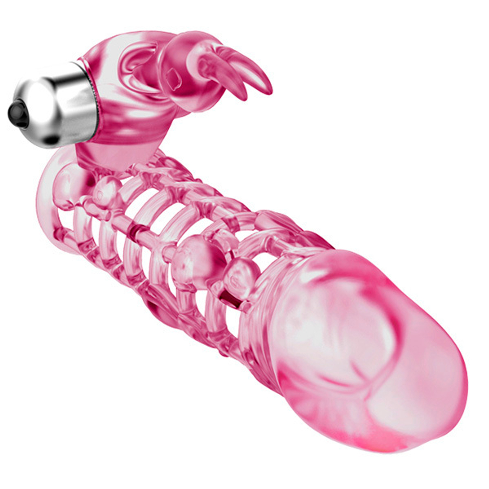 Розовая удлиняющая насадка 13см с вибрирующим стимулятором Baile Ultimate Love Steeve BI-026201