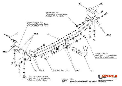 Фаркоп IMIOLA T.019 Toyota Corolla универсал 2002-2007(паспорт и сертификат в комплекте)(без электрики)
