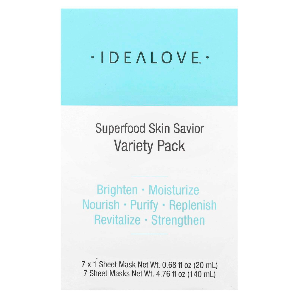 Idealove, Superfood Skin Savior, набор разных масок с суперфудами, 7 тканевых масок по 20 мл (0,68 жидк. унции)
