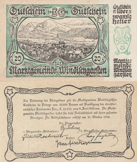 Австрия 20 геллеров 1920 Виндишгарстен aUNC