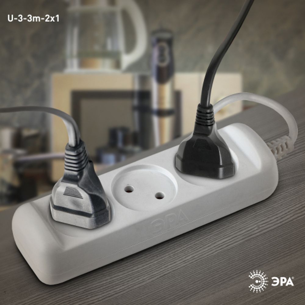 Удлинитель электрический ЭРА U-3-3m-2x1 без заземления 3 розетки 3м ПВС 2x1мм2 10А | Бытовые удлинители