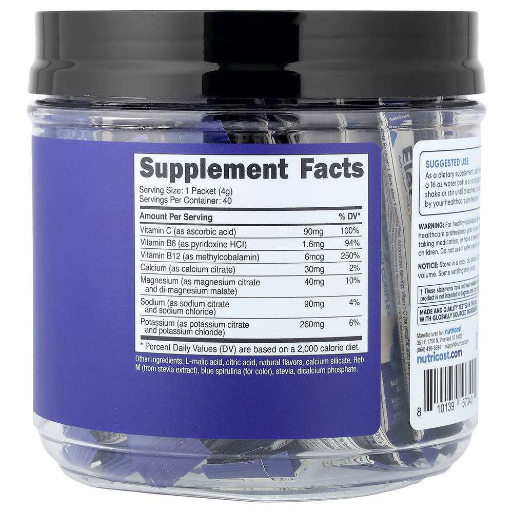 Nutricost, Электролиты, улучшенный комплекс для увлажнения, голубая малина, 40 пакетиков по 4 г (0,14 унции)